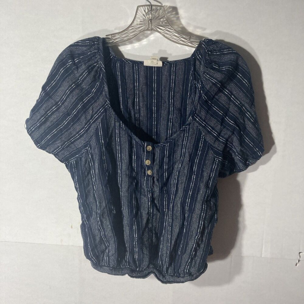 A.N.A. blue white striped scoop neck short sleeve linen blend waist length top S
